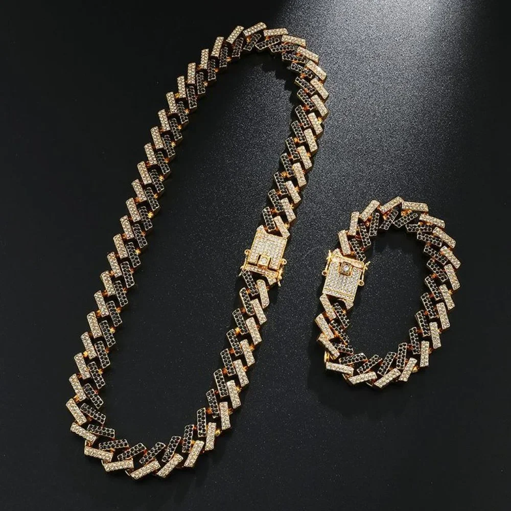 18K Gold Plated Iced Out CZ Crystal Cuban Link Chain with Bracelet SET - Picture 6 of 7